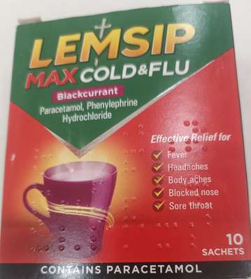 Lemsip Max Cold Flu blackcurrant sachets 10s paracetamol phenylephrine